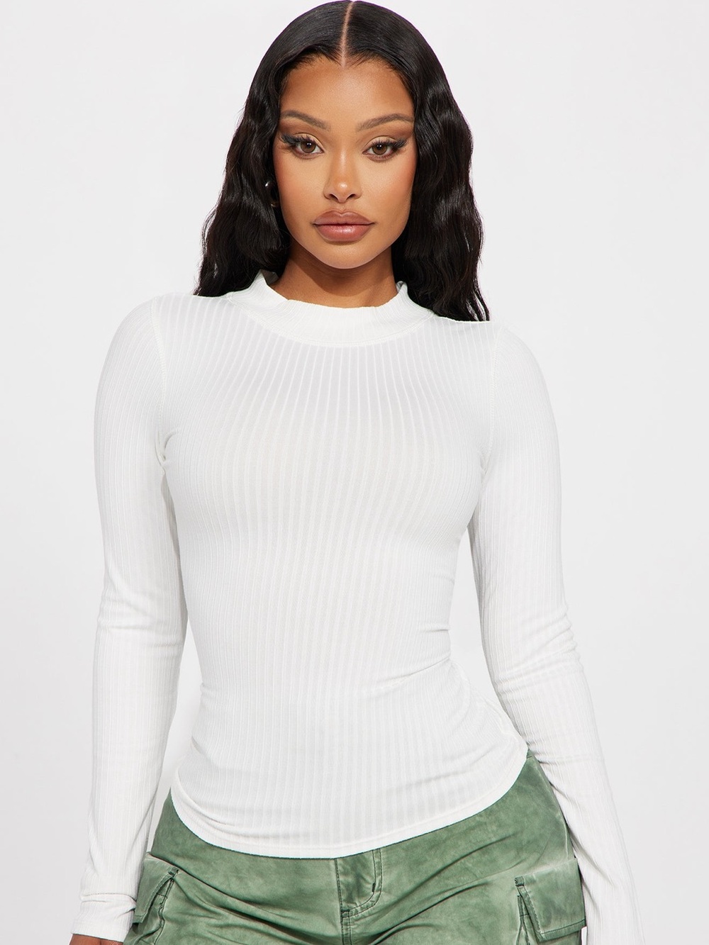 Fashion Nova White Ribbed Long-Sleeve Slim Top